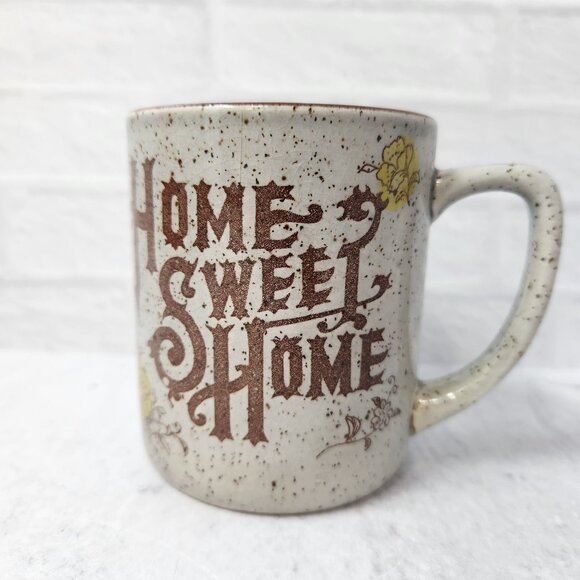 Pair Home Sweet Home Coffee Cup Mug Stoneware Gray & Brown 1970s Vintage Rustic - Picture 2 of 5
